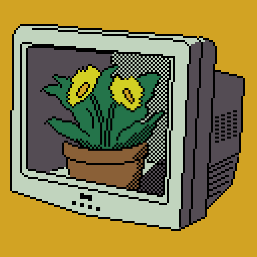 A low-color pixel art image of a potted flowering plant growing inside of an empty CRT TV