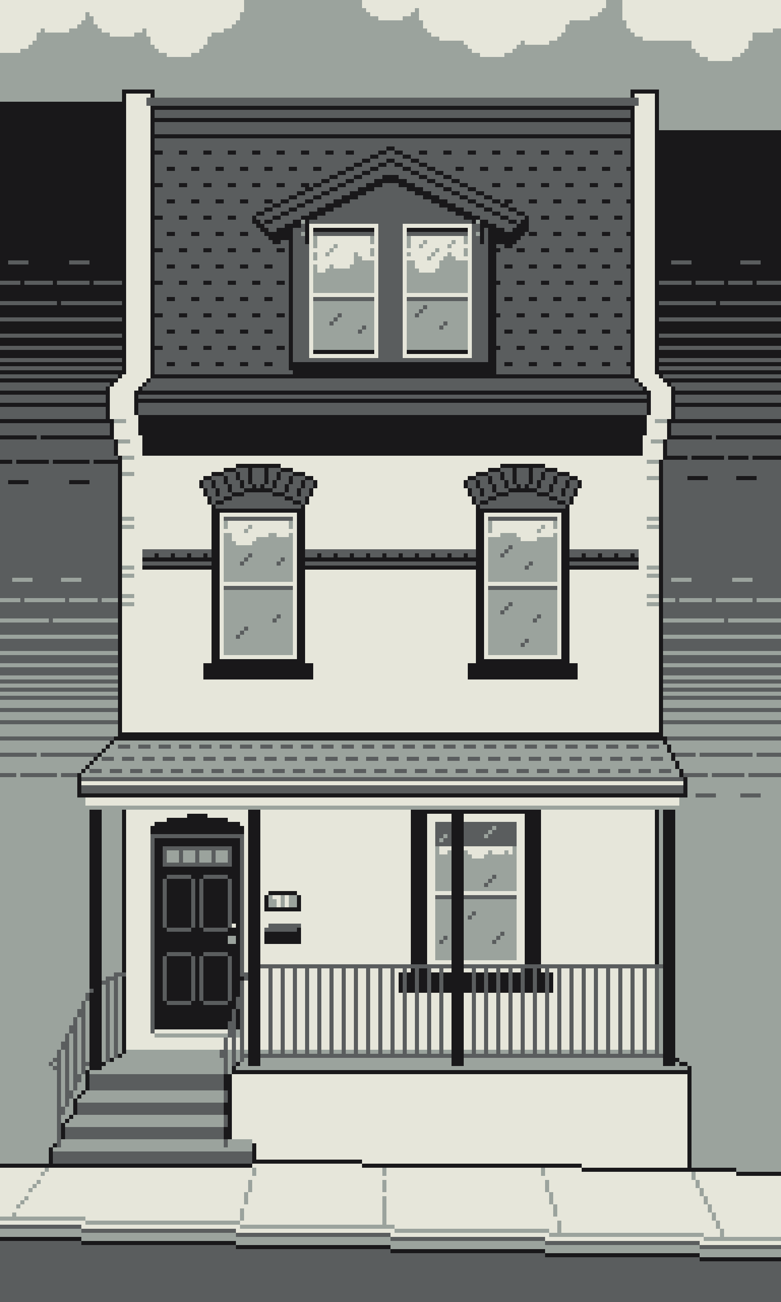 A 4-color grayscale art image of a rowhome