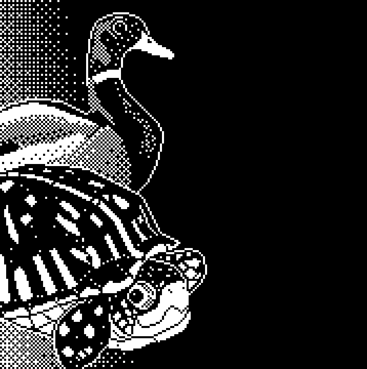 A black and white pixel art image of a duck and a turtle amongst some reeds.