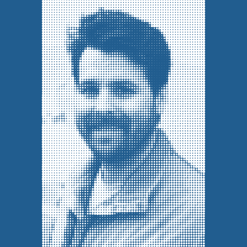 A stylized white on blue photo of Travis' face made of squares of various size.