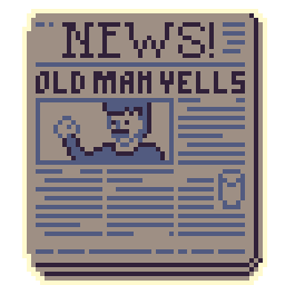 A pixel-art sticker of a newspaper that opens when you hover over it.